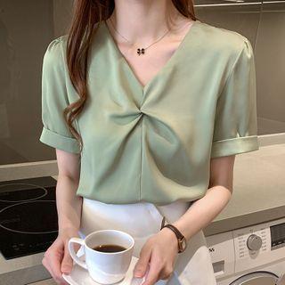 Short-sleeve Twist-front V-neck Chiffon Blouse