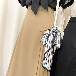 Short-sleeve Tie-neck Dotted Blouse / Midi A-line Skirt
