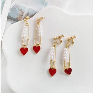 Faux Pearl Heart Pin Drop Earring / Clip-on Earring