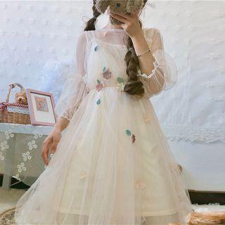 Set: 3/4-sleeve Flower Embellished Mesh Dress + Slipdress