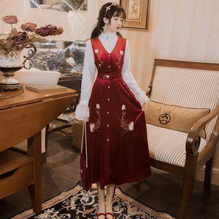 Set: Mock-neck Blouse + Sleeveless V-neck Floral Midi A-line Dress