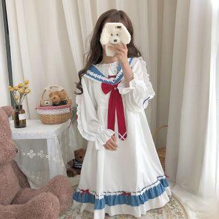 Frilled Trim Blouse / Bow Accent Sleeveless A-line Dress