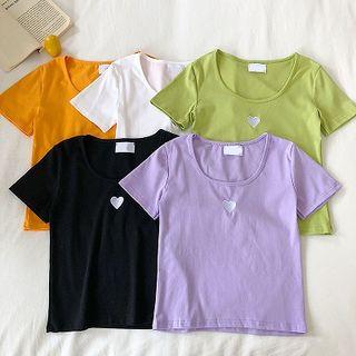 Heart Embroidered Slim-fit Short-sleeve Top