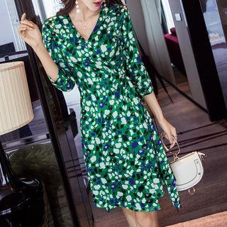 3/4-sleeve Floral Print A-line Wrap Dress