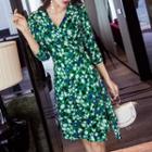 3/4-sleeve Floral Print A-line Wrap Dress