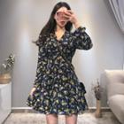 Printed V-neck Long-sleeve Dress