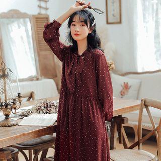 Dotted Tie-neck Long-sleeve Chiffon Dress