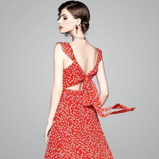 Sleeveless Floral Print Open-back Midi A-line Dress