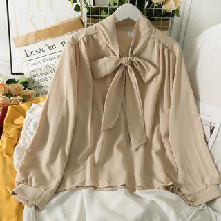 Ribbon-neckline Loose Plain Blouse In 5 Colors