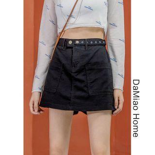 Elastic High-waist Denim Cargo Skort