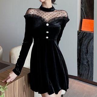 Long-sleeve Dotted Mesh Panel Velvet Mini A-line Dress