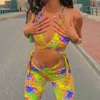 Set: Floral-print Halter-neck Cropped Top + High-waist Cut-out Pants