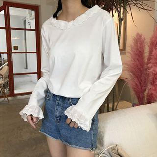 Eyelet Lace Trim Long-sleeve Top