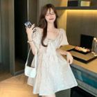 Butterfly Print Puff-sleeve Mini A-line Dress Almond - One Size