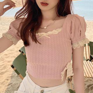 Puff-sleeve Lace Trim T-shirt