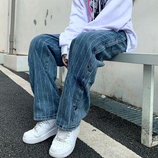 Striped Button-side Loose Fit Jeans