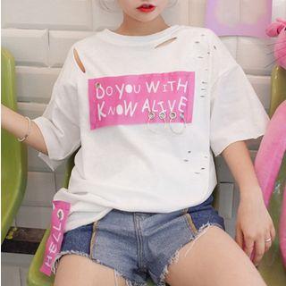 Lettering Hoop Detail Elbow Sleeve T-shirt