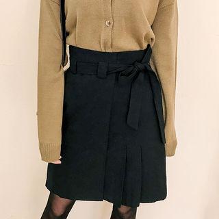 High-waist Pleated Skirt With Sash