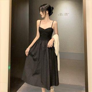 Spaghetti-strap Midi A-line Dress Dress - Black - One Size