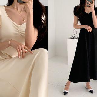 Short-sleeve Shirred Flared Long Dress