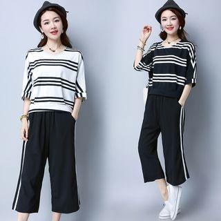 Set: Elbow-sleeve Striped T-shirt + Cropped Wide Leg Pants