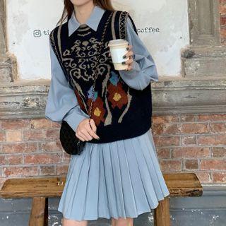 Jacquard Sweater Vest / Long-sleeve Plain Mini Dress