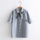 Plaid Bow Embroidered Short-sleeve Shirt