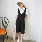 Buttoned V-neck Cropped Pinafore Wide Leg Jumpsuit