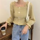Puff-sleeve Square-neck Plaid Blouse Yellow - One Size
