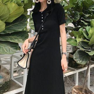 Short-sleeve Buttoned Midi A-line Dress