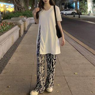 Short-sleeve Side-slit T-shirt / Zebra Print Wide-leg Pants