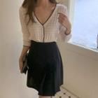 Contrast Trim Knit Cardigan / Plain Mini A-line Skirt