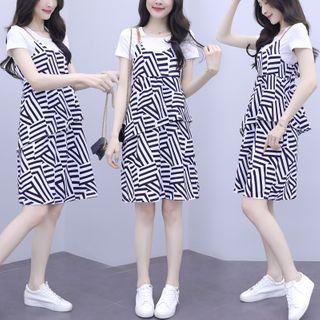 Set: Short-sleeve T-shirt + Patterned Layered A-line Pinafore Dress