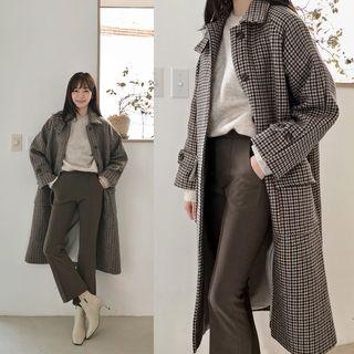 Flap-pocket Houndstooth Wool Blend Long Coat Brown - One Size