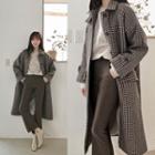 Flap-pocket Houndstooth Wool Blend Long Coat Brown - One Size