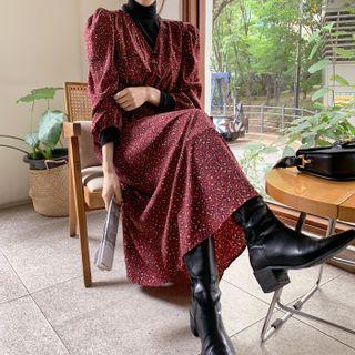 Puff-sleeve Smocked Leopard Maxi Dress