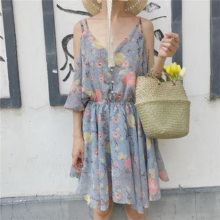 Off-shoulder Buttoned Floral Chiffon Dress
