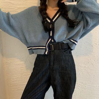 Contrast Trim Cropped Knit Cardigan Blue - One Size