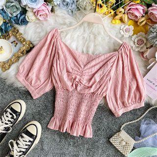 V-neck Short-sleeve Ruched Blouse