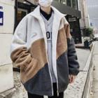 Faux Shearling Lettering Embroidered Zip Jacket