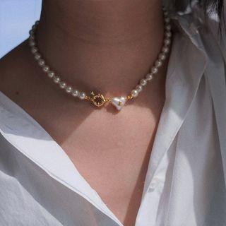 Heart Faux Pearl Choker 1pc - Gold & White - One Size