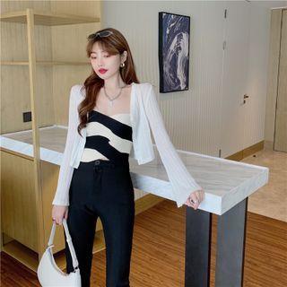 Plain Striped Cardigan / Two Tone Cropped Tank Top / High-waist Plain Pants