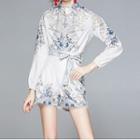 Set: Stand-collar Floral Blouse + Straight Leg Shorts