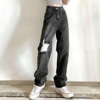 High-waist Heart Embroidered Distressed Straight-fit Jeans