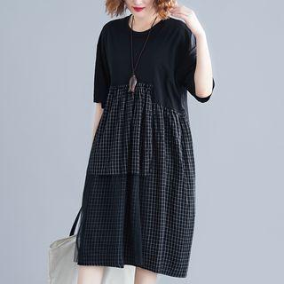 Short-sleeve Check Panel T-shirt Dress