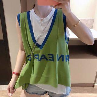 Lettering Contrast Trim Knit Vest