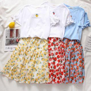 Set: Short-sleeve Embroidered T-shirt + Midi A-line Printed Skirt