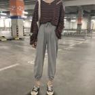 Long-sleeve Ripped Striped T-shirt / Cropped Sweatpants
