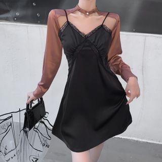 Spaghetti Strap Lace Trim Ruched Satin Dress / Long Sleeve Cutout Satin Cape Top