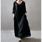 Linen Elbow-sleeve Maxi Dress